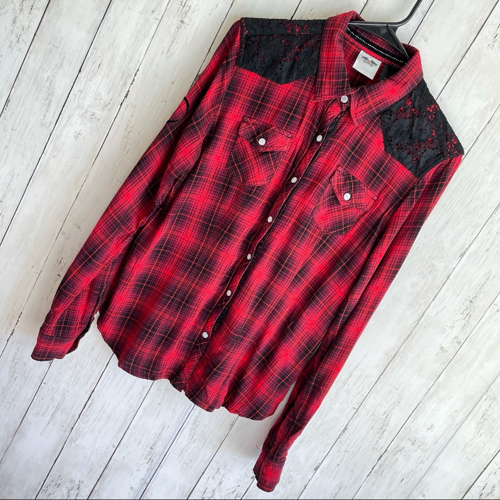 Harley Davidson Black Label Red Plaid Shirt Size L